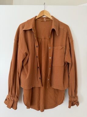 Free People Ribbed Long Sleeve Lounge Set in Rust Brown Medium